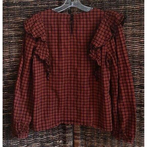 Madewell Ruffle Front Plaid Blouse Top Women's Small Burnt Orange Fall Prairie - Picture 4 of 9